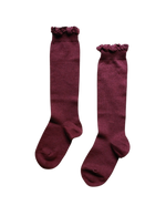 Knee Socks with Lace Edging - Dark plum