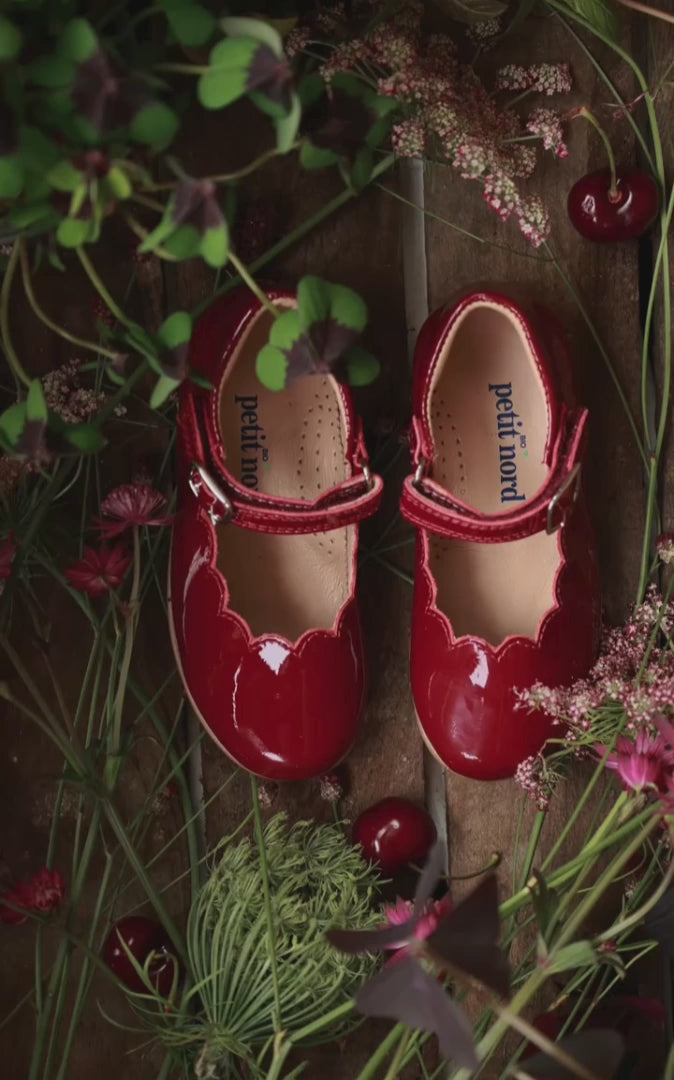 Petit Nord Scallop Mary Jane T-bars and Ballerinas Cherry Patent 104